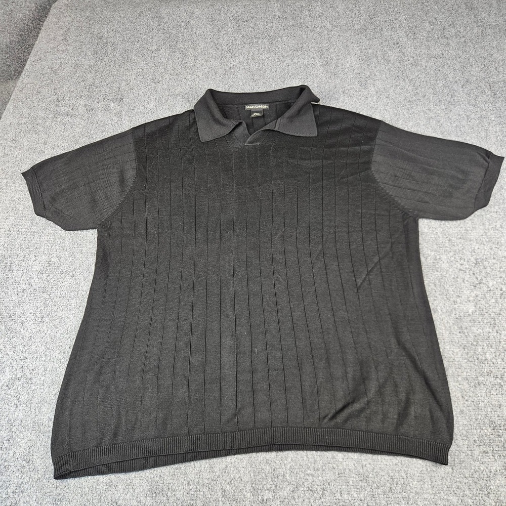 Kevoman Mens Black 100% Silk Short Sleeve‎ Ribbed Knit Polo Shirt Size Large